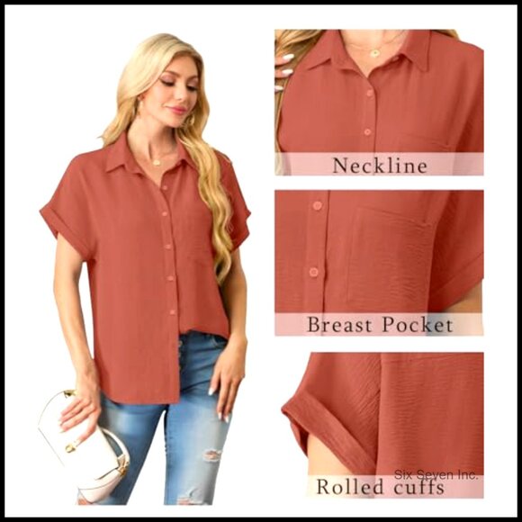 Short Sleeve Button Down Shirt V Neck Loose Fit Casual Top with Pocket - Picture 5 of 7